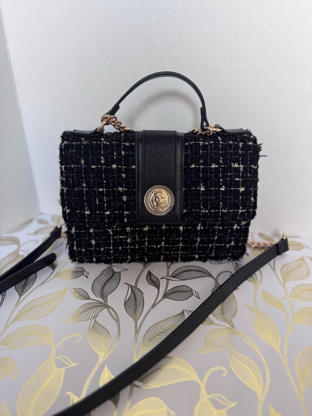 ALDO Black Tweed Top-Handle Bag with Gold Chain Accent - Picture 2 of 11